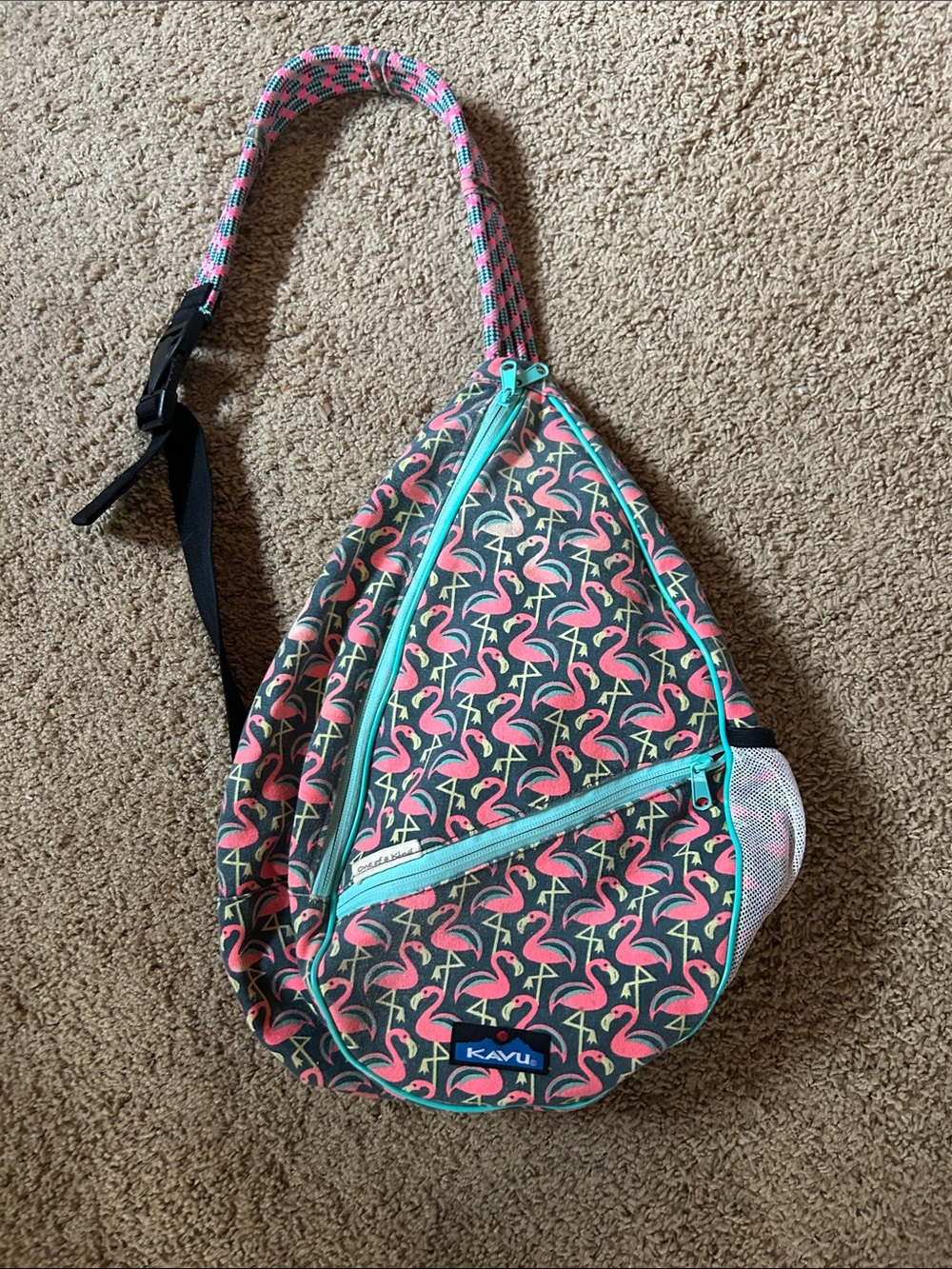 Kavu Pink Flamingo Crossbody Sling Bag with Teal Trim